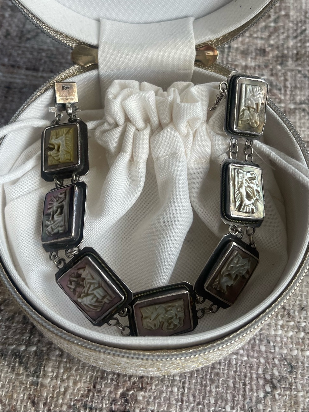 Italian Cameo Mother Of Pearl Link Bracelet Set in Sterling Silver